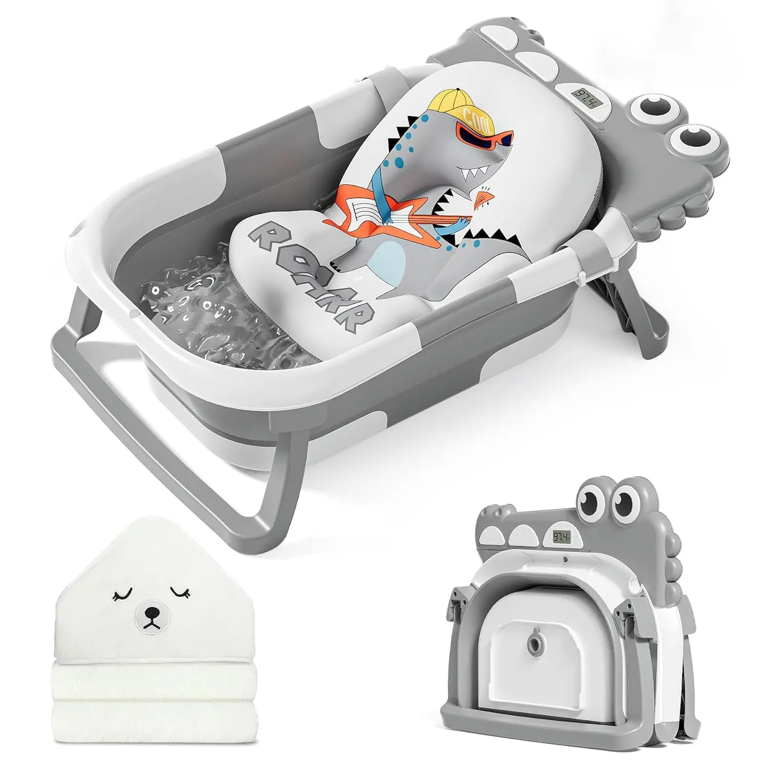 

Collapsible Baby Bathtub with Thermometer, Hooded Towel & Floating Cushion, Portable Foldable Tub for Newborn to Toddler
