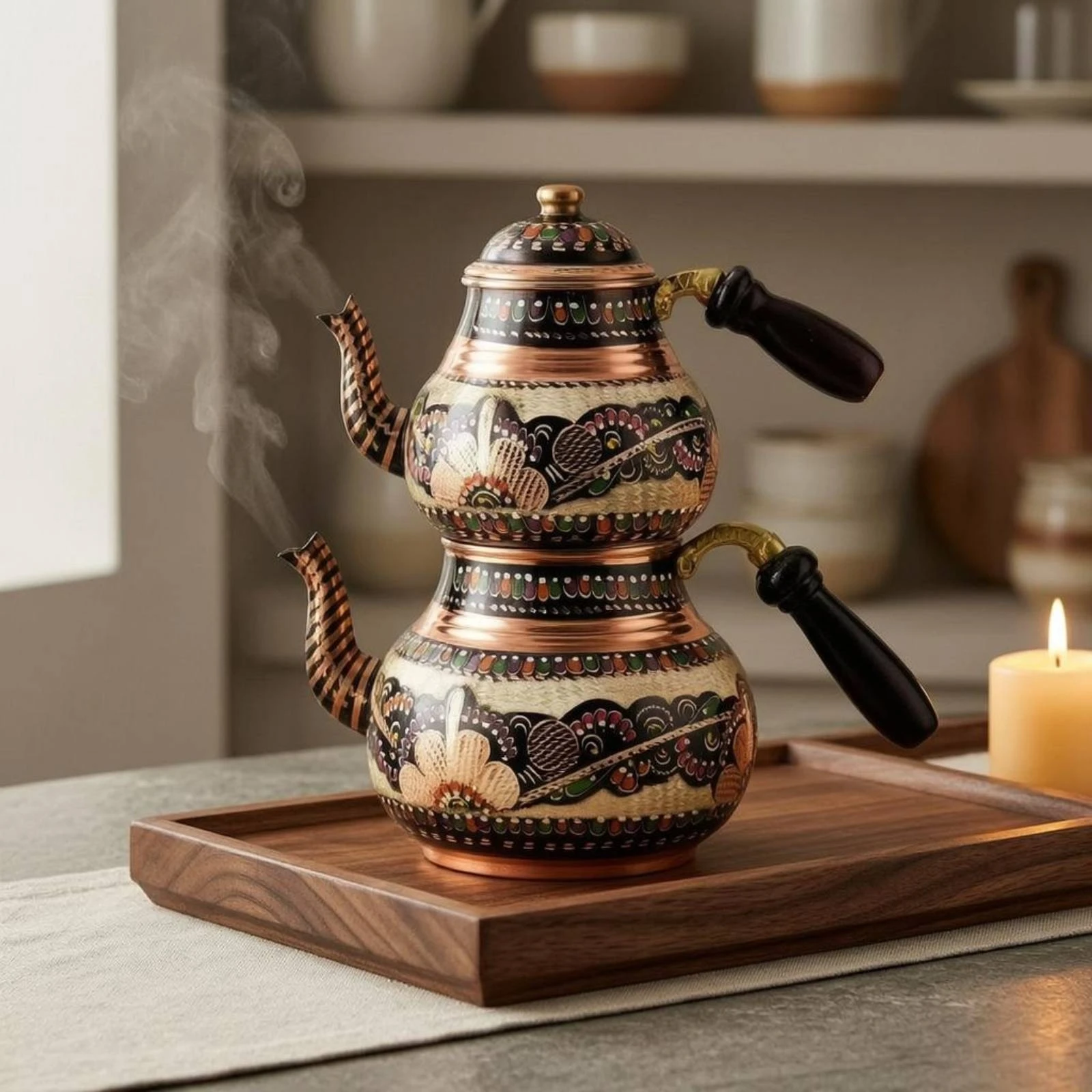2 Pieces Nested Lidded Teapots Painted Detailing Violet-Hued Copper Teapots Teapot Set Glossy Finish Decorative Item Curved