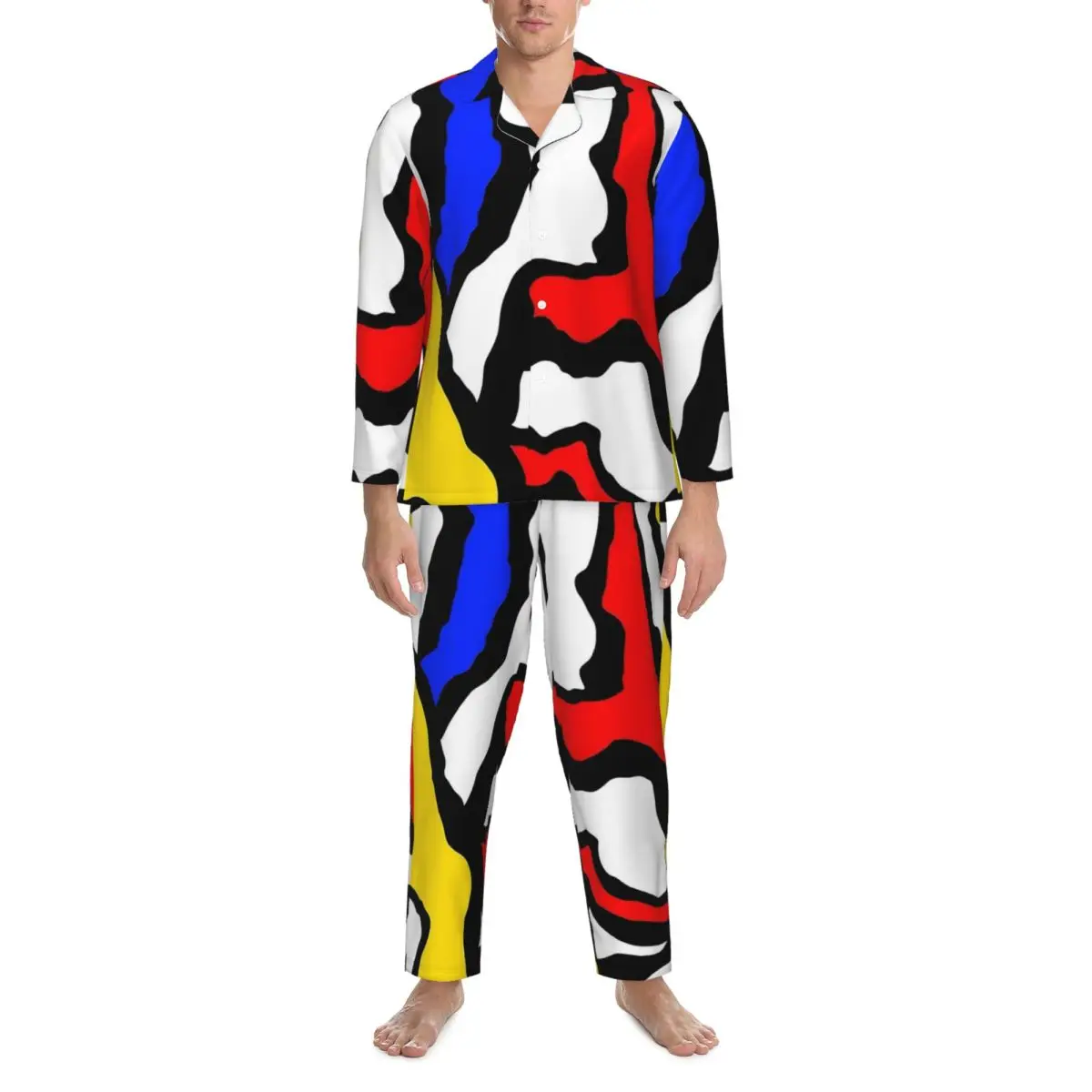

Mondrian Pajama Sets Stripes Red Yellow and Blue Fashion Sleepwear Men Long Sleeve Casual Bedroom 2 Pieces Nightwear Plus Size