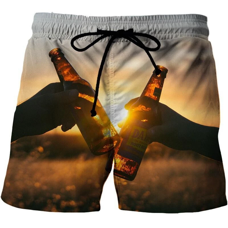 Funny Beer Print Beach Shorts Men 3D Ice Graphic Swimming Trunks Summer Quick Dry Board Shorts Casual Pub Party Swimwear Mens