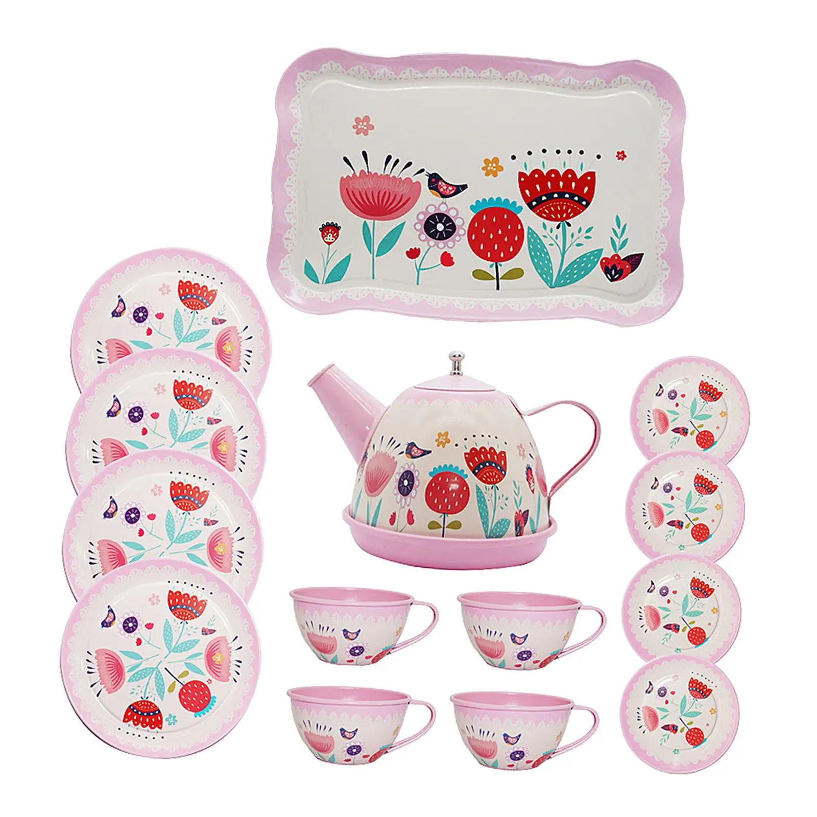 

Little Girl Tea Party Set Teapot Cups Tray Metal Pretend Play Toy Princess Toys for Birthday Gift Toddlers Children Age 3 4 5 6