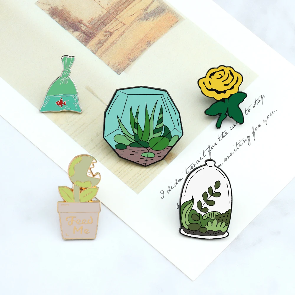 3-6Pcs Cute Cat Paw Brooch Set Green Plant Cactus Rose Daisy Enamel Pin Funny Dinosaur Astronaut Punk Sickle Skull Badge Jewelry