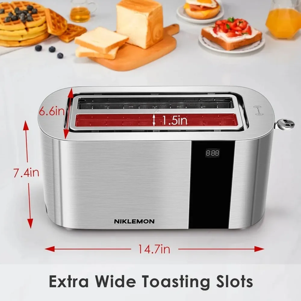 Full Stainless Steel Toaster with LED Display, Bagel, Defrost, Reheat, Cancel Functions, Removable Crumb Tray