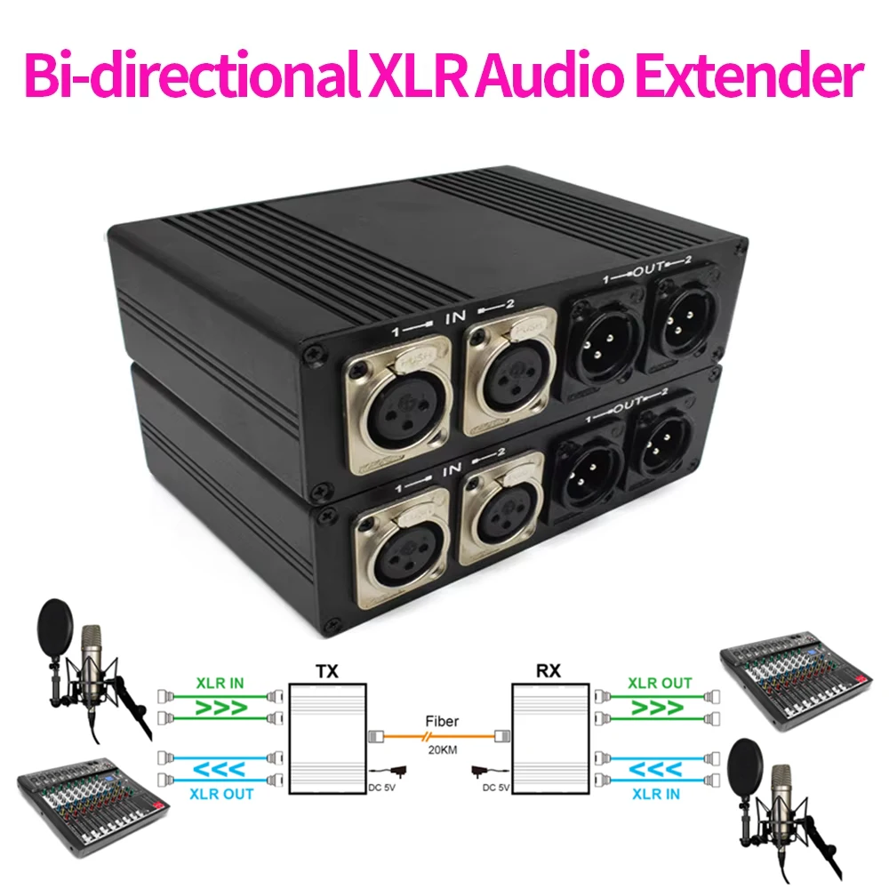 Extenseur audio XLR 2 canaux sur fibre optique FC, 20 km, bidirectionnel, équilibré, convertisseur extenseur XLR 3 broches sur fibre optique