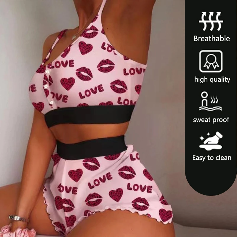 Fashion Milk Silk Printed Camisole Pajamas Cool Thin Tight Sweet Pajamas Plus Size Letter Red Lips Camisole Shorts Set 3xl