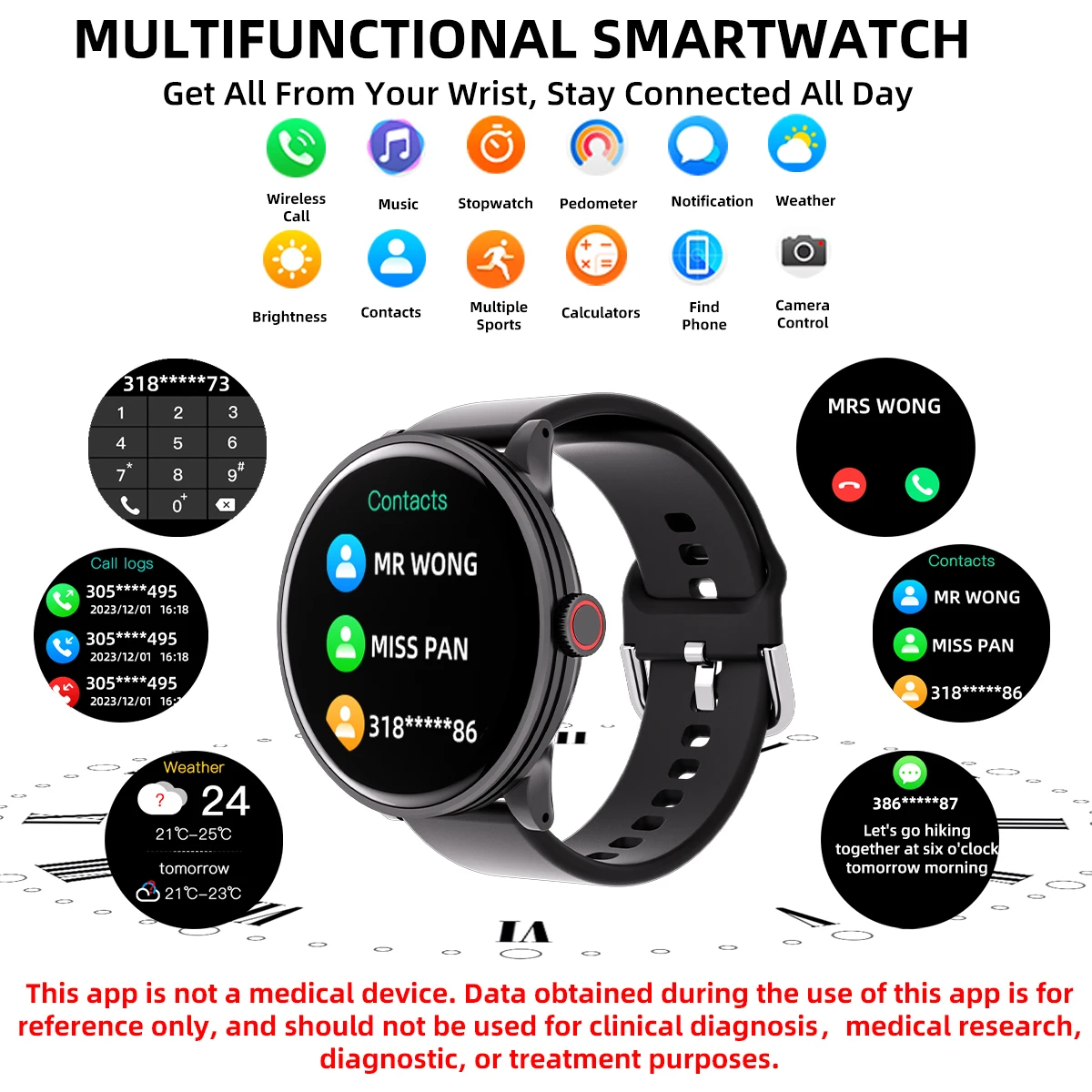 Montre intelligente de sport BT pour hommes et femmes, réponse d'appel, message, santé, podomètre, pas, calories, suivi d'activité, iPhone, Android, 1.28"