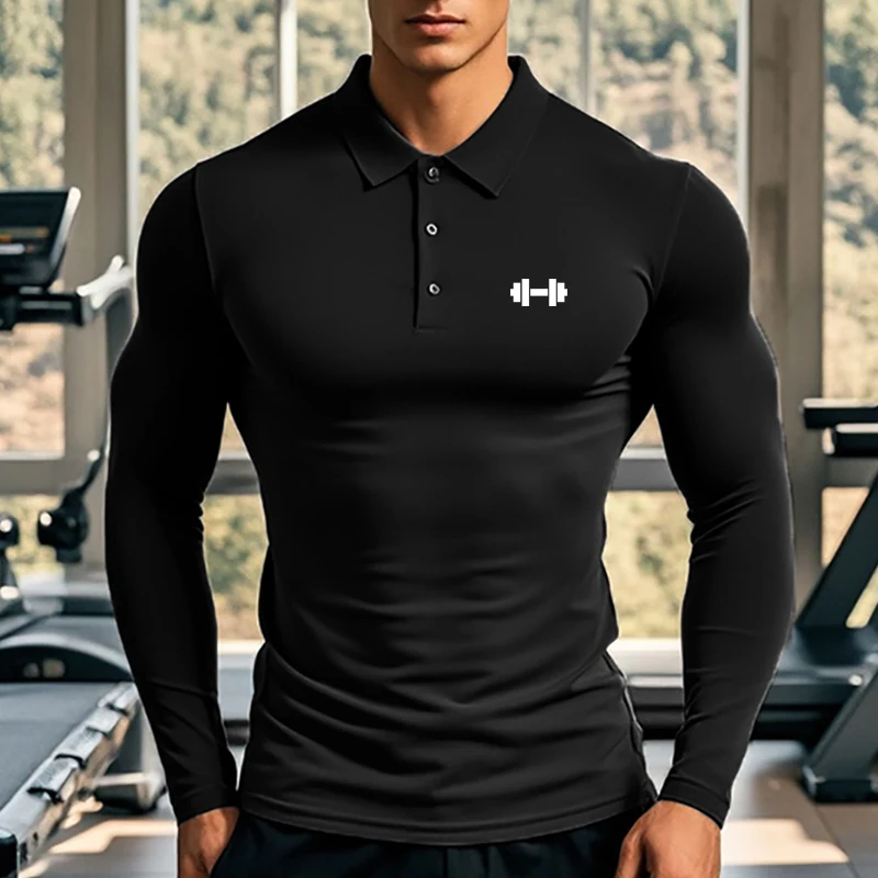 Men's Running Polo Shirts Long Sleeve Button Moisture Wicking Quick Dry Athletic Workout T-Shirts Compression Fitness T Shirts