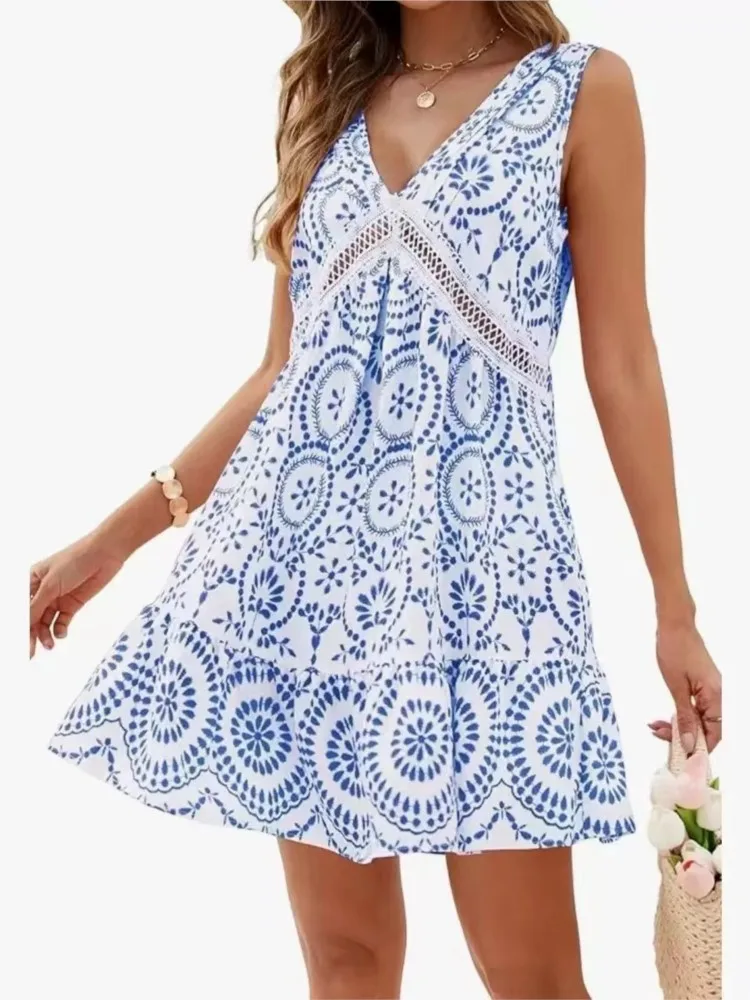 Estate elegante nuova stampa scava fuori patchwork mini abito sexy pizzo scollo a V senza maniche allentato boho abiti da vacanza al mare per le donne