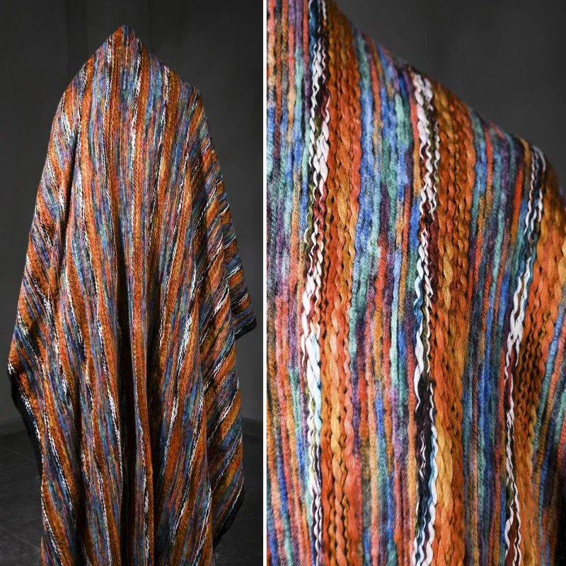 Orange Blue Contrast Small Fried Dough Twists Knitting Color Thick Thick Stripe Knitting Texture Clothing Designer Fabric