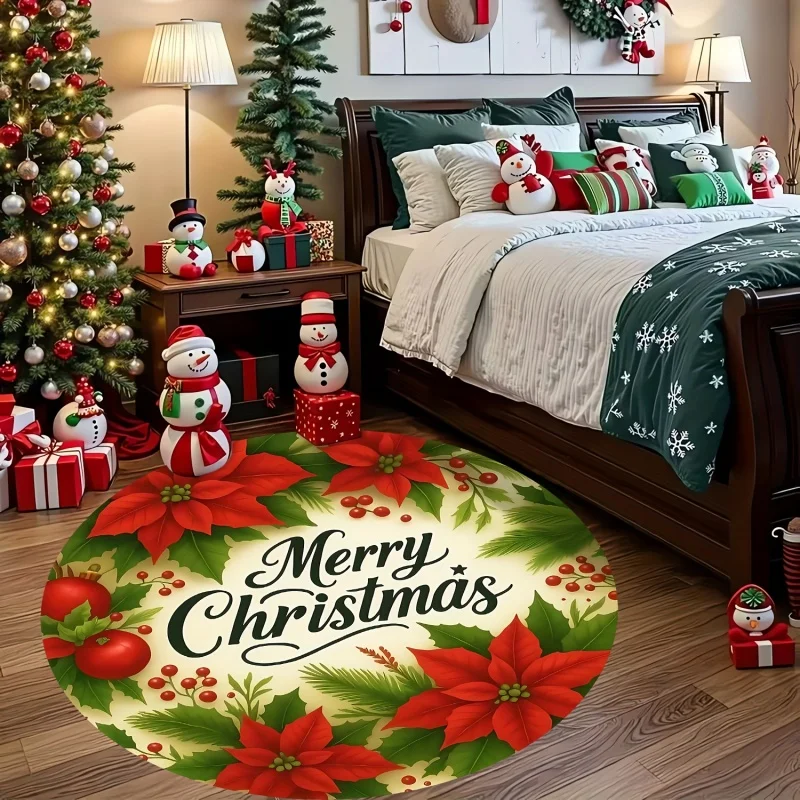 Merry Christmas Poinsettia Round Rug,Holly Berry Floral Printed Circular Floor Carpet,Holiday Indoor Home Decoration