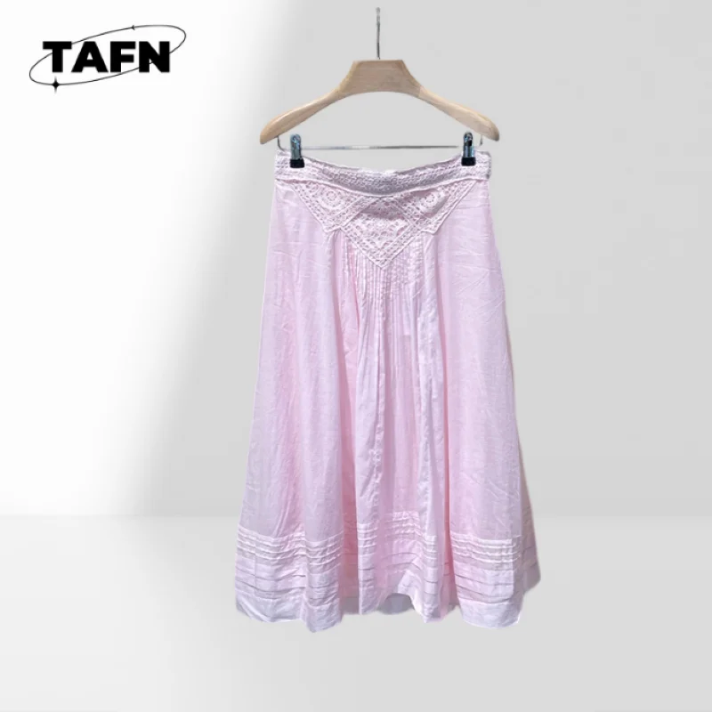 French Early Autumn Layered Crochet Lace High Waist Temperament Mid-Length Solid Skirt Classic Blue for Timeless Fashion AG1525