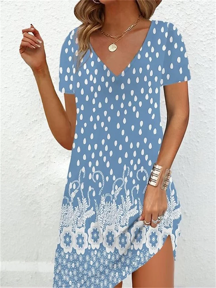 2023 vestido de talla grande a la moda para mujer, informal, holgado, con cuello en V, estampado de verano para mujer, nuevo jerseys de verano, vestido de manga corta