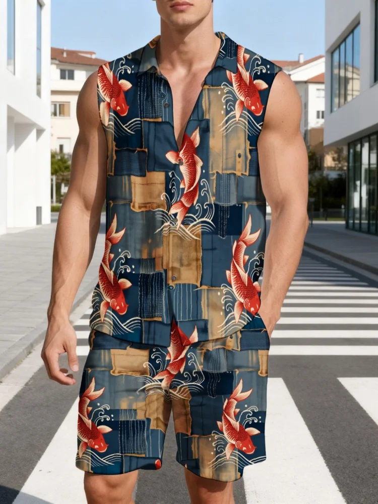 Men's Retro Koi Fish Print 2-Piece Sleeveless Tracksuit Japanese Style Stand Collar Top & Elastic Waist Drawstring Shorts Sets