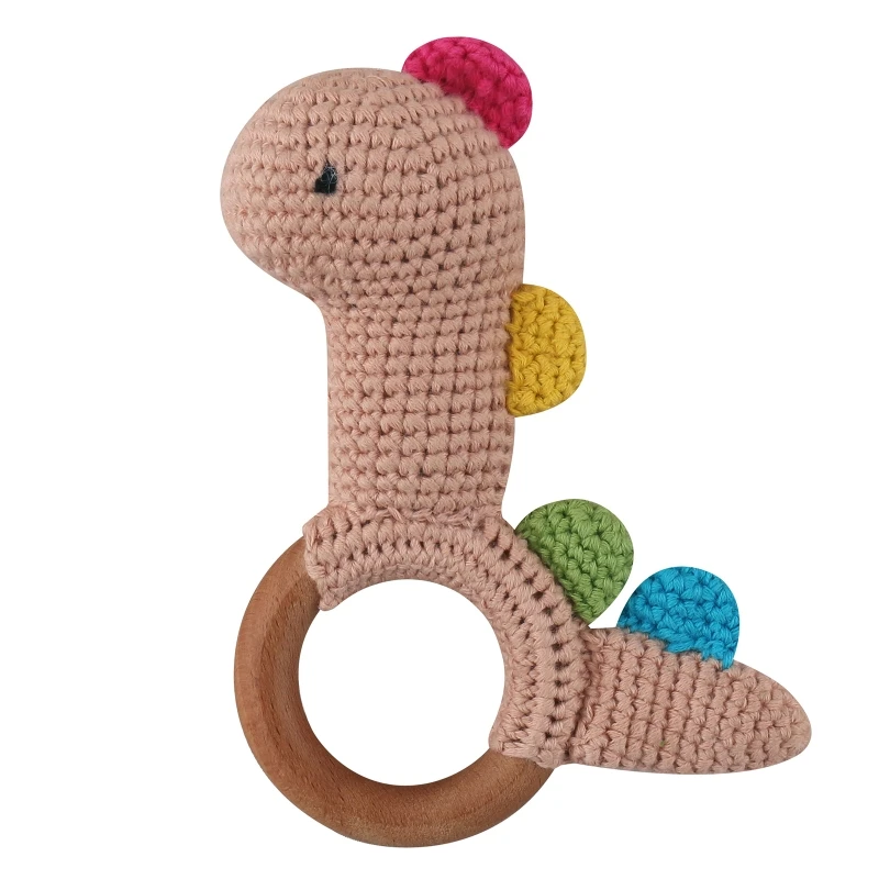 Baby Wooden Teether Natural Teething Grasping Mobile Pram Crib Ring Dinosaur Crochet Rattle Soother Nursing