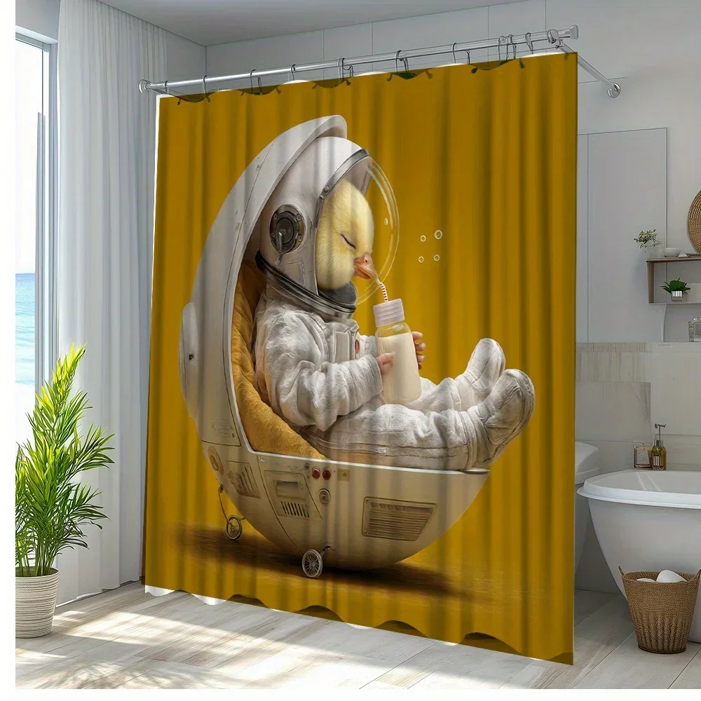 1pc Whimsical Astronaut Duck Shower Curtain - 70. 8x70. 8 Inches, Polyester with 12 Hooks, Cute Space-Themed Design for Bathroom