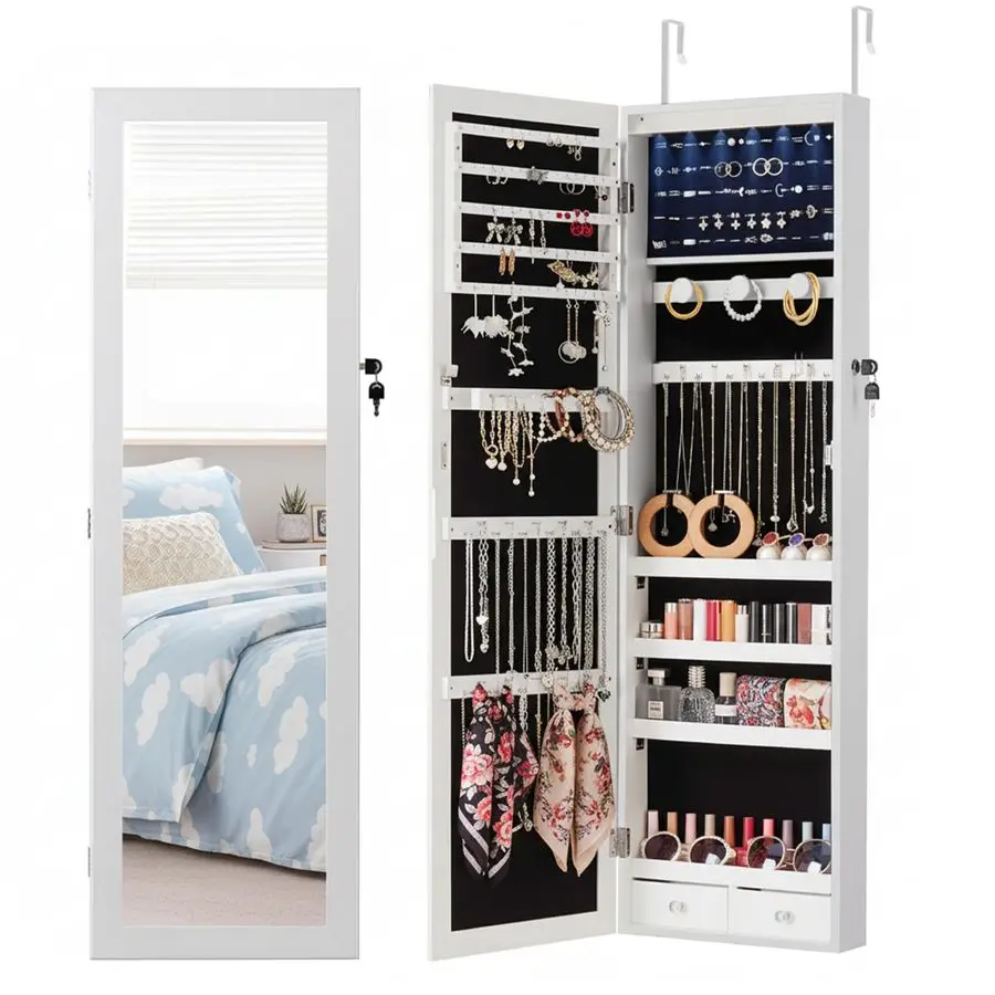 

Зеркальный шкаф для ювелирных изделий с 6 светодиодами, настенное или дверное зеркало в полный рост с местом для хранения, высота 47,2 дюйма, запираемое ювелирное зеркало Org