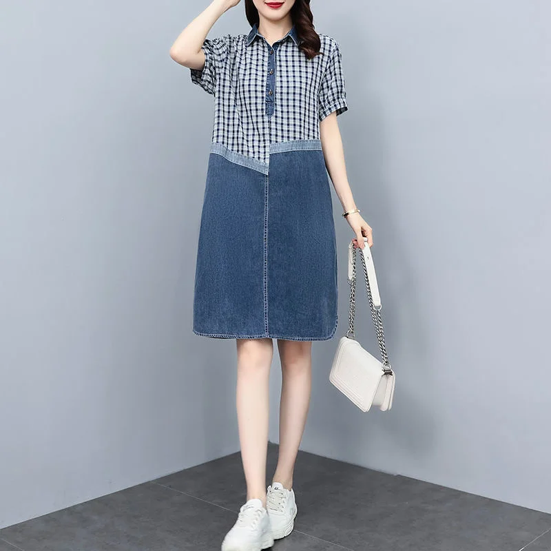 Summer Women\'s Dress Clothing Vintage Plaid Print Patchwork Denim Midi Dress Casual Short Sleeve Loose Streetwear Jean Dresses