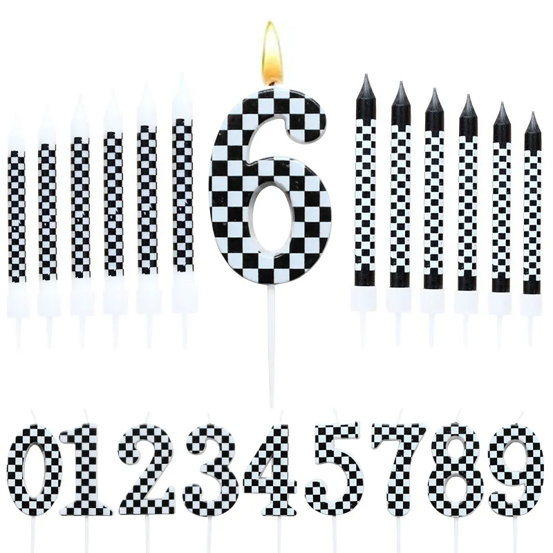 6/12 Stück schwarz-weiße karierte Geburtstagskerzen und Kuchenaufsatz, Rennwagenkerzen, Wunderkerzen für Rennwagenpartys – Detail 1