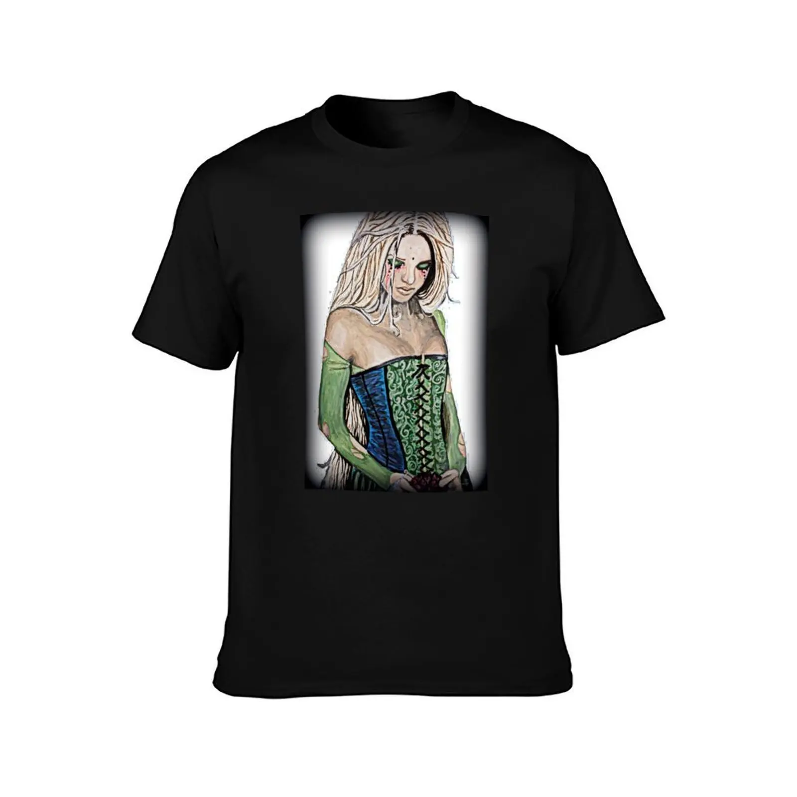 Mysterious Woman in a Green Dress T-Shirt Fashion Casual Short Sleeve T-Shirt