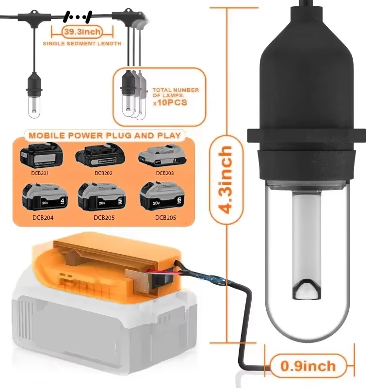 LED Outdoor String Light for Dewaltt，18/20V Battery with LED Bulbs 32FT for Christmas Backyard Porch Balcony Gazebo(NO Battery)