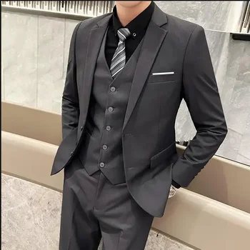 Suit (Blazer+ Vest + Trousers) Men's Fashionable Gentleman Business British Style Solid-color Banquet Host Casual Wedding Suit 5