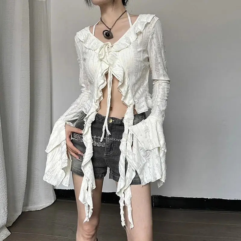 Y2K shirt spring hottie Retro style Make old hole tops Niche design V-neck Ruffled edge Tie straps Appear thin Tie straps