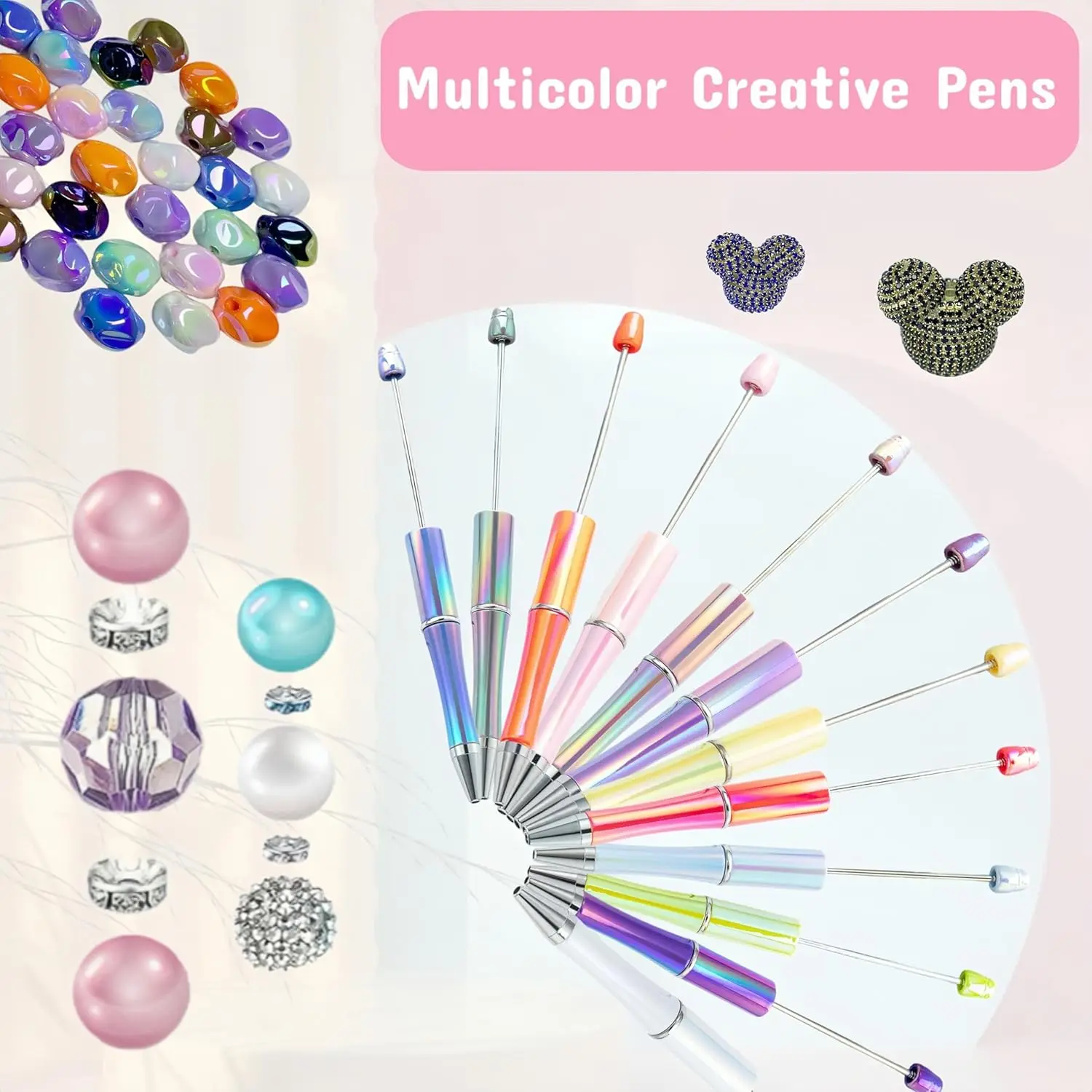 Beadable Pens 12 Pcs Gradient Colors Shiny Fancy Pens Bulk for Women Focal Beads Pens Retractable Ballpoint Cool Cute Pens