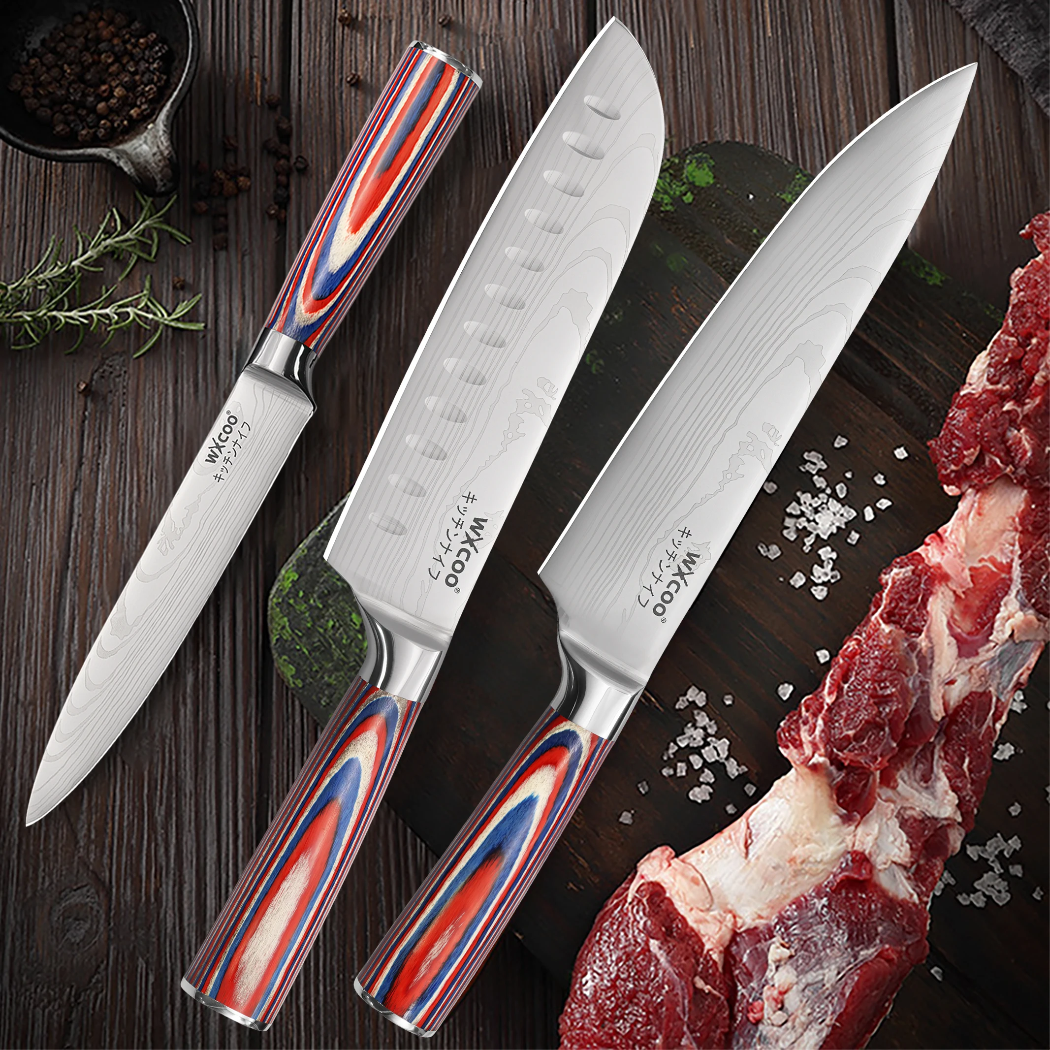 

1-5PCS Chef Knives Set Stainless Steel Kitchen Knife Cutting Tool Laser Engraved Damascus Santoku Knife Wood Handle Home Cooking