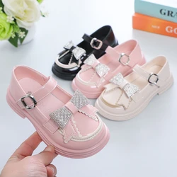 Girls Leather Shoes for Party Wedding Kids Princess Rhinestones Shoes with Bow-knot Fashion Children Mary Janes Shoes 2026 New