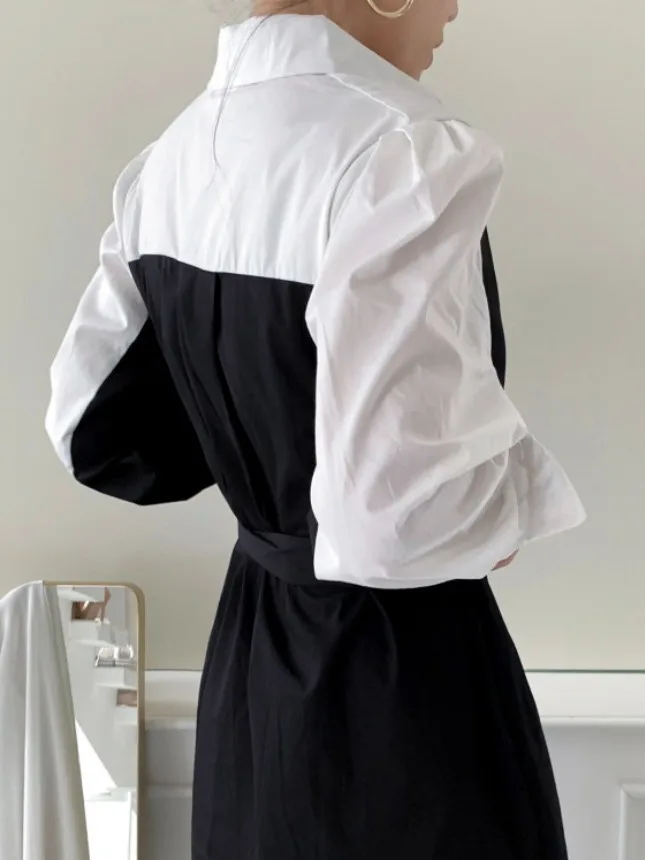 Chic retrò colletto rovesciato bottone singolo colore sangue design cintura in vita bolla Sve Dr Faion da donna per pendolari Sle