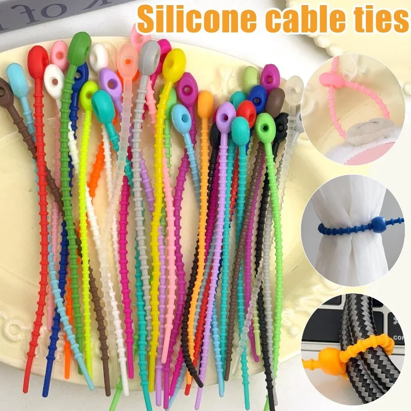 100/10x Silicone Cable Ties Reusable Wire Organizer Home Office Tabletop Earphone Cable Storage Cord Management Wrap Buckle