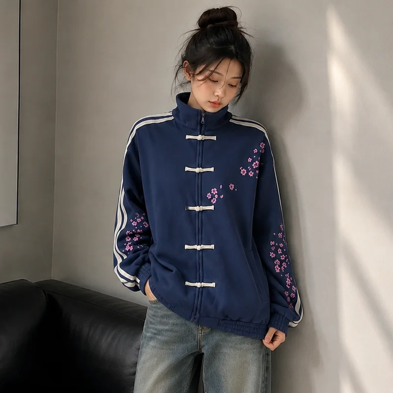 Women Stand Collar Zip Up Sweatshirt Cherry Blossom Embroidery Chinese Button Streetwear Casual Loose Fit Jacket
