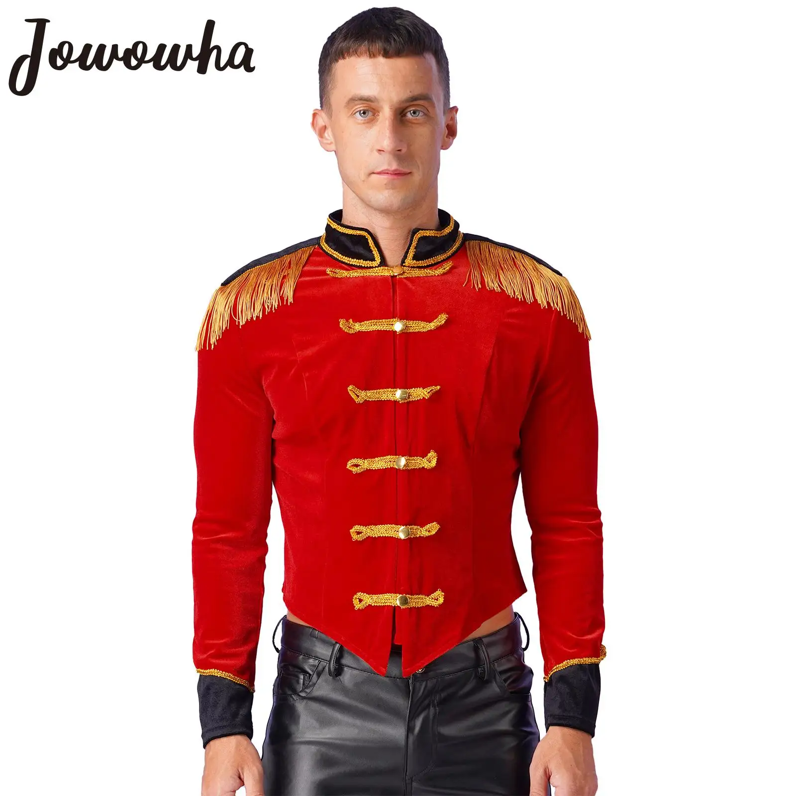 

Mens Circus Ringmaster Jacket Showman Halloween Cosplay Tassels Velvet Coat Carnival Theme Party Roleplay Performance Costume