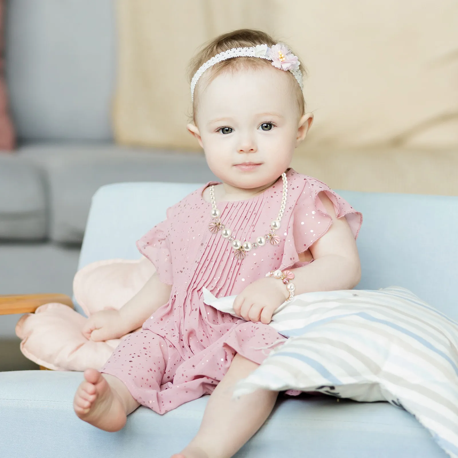 

Детский набор украшений: ожерелье и браслет с имитацией жемчуга, розовый, для девочек, подарок на день рождения, для праздников и повседневной носки