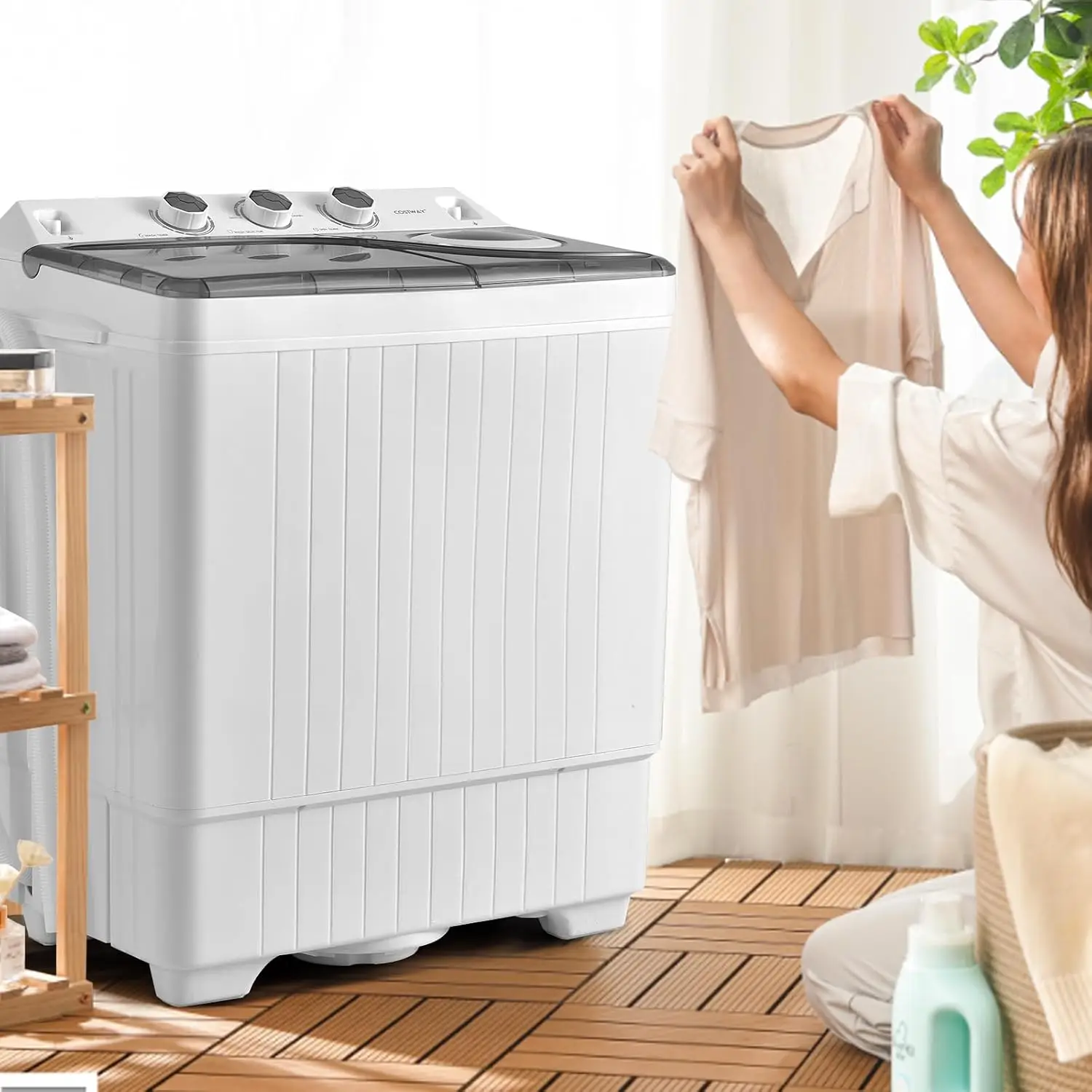 Portable Washing Machine, Twin Tub 26lbs Capacity Laundry Washer, 18lbs Washer and 8lbs Spinner Combo with Timer Knob