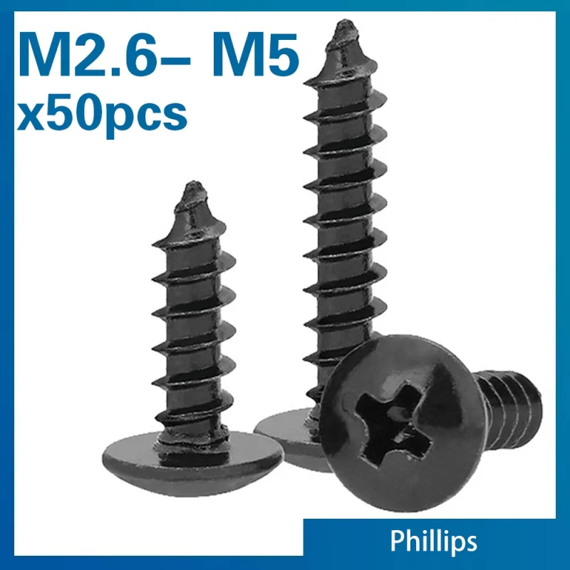 50pcs/lot M2.6 M3 M3.5 M4 M5 Phillips Truss Head Cross Recessed Mushroom Head Self Tapping Screws BLACK CARBON STEEL
