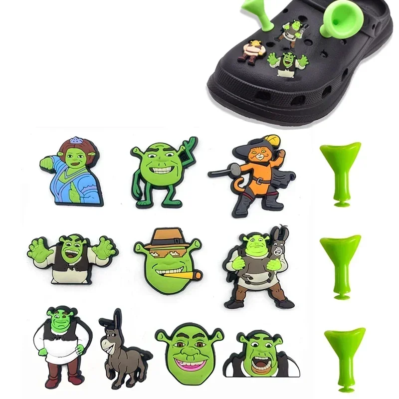 14Pcs-10pcs/set Imitation Shoe Charms PVC Cartoon Shrek Croc Clogs Sandals Garden Shoe Accessories Funny for Boy Party Gift