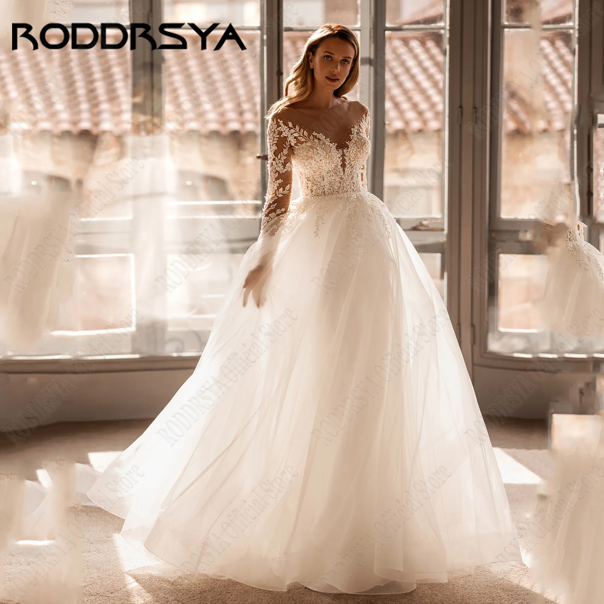 

RODDRSYA Lace Wedding Dress 2025 Bride Luxury A Line Sequined Bridal Gown Long Sleeve Applique vestidos de novia boda Customized