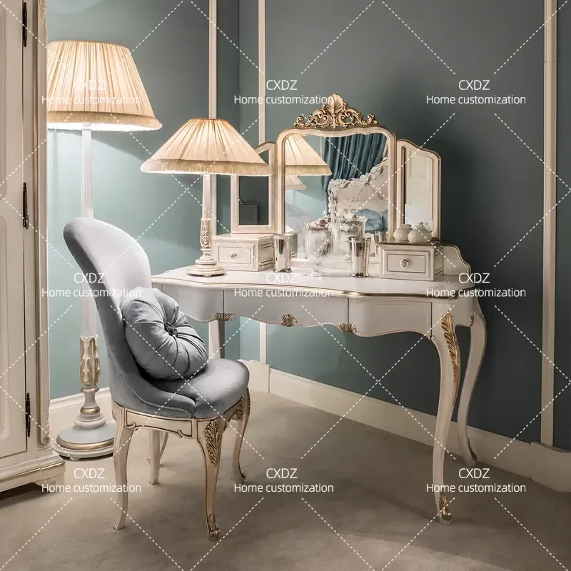 Retro Solid Wood Dresser with Mirror and Chair Light Luxury Bedroom Storage Cabinet Vintage Style Vanity Table Set for Master