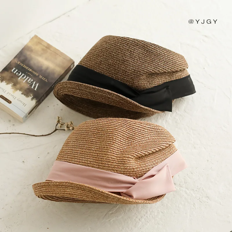 Sombrero de paja de ala pequeña de verano para mujer, gorra de sol versátil de moda coreana con protección UV de estilo japonés