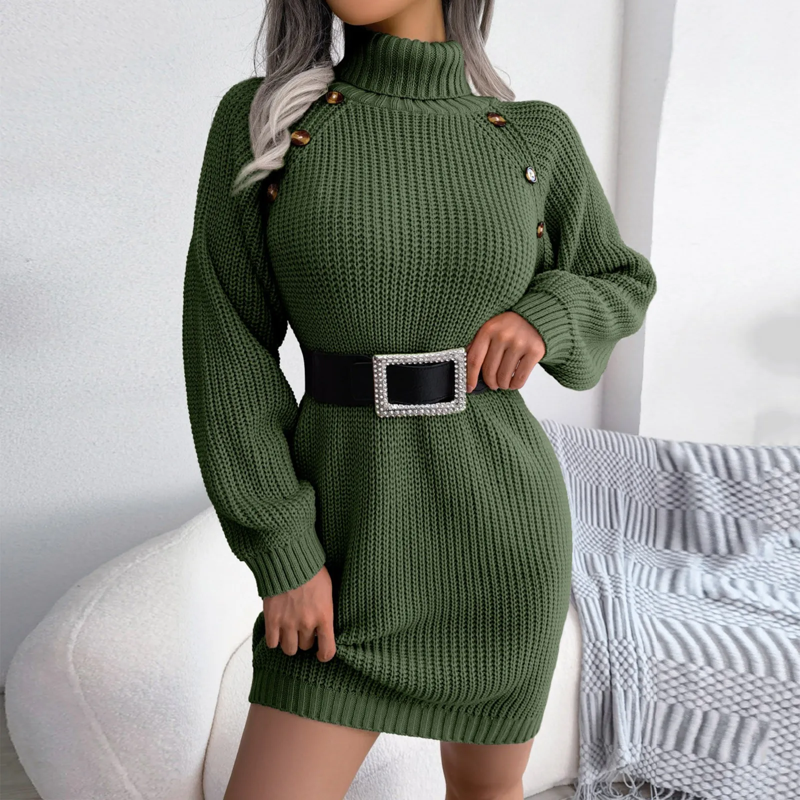 

2024 Casual Button High Neck Long Sleeve Bottomed Wool Dress Women Wear Mid Waist Solid Color Slim Skirt Sweater Autumn Winter