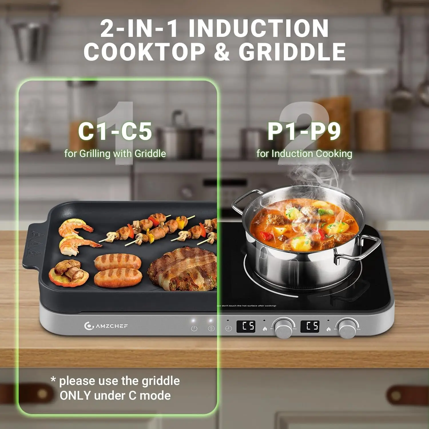 Double Induction Cooktop with Removable Iron Cast Griddle Pan Non-stick, 1800W 2 burner Portable Induction Stove With Sensor Tou