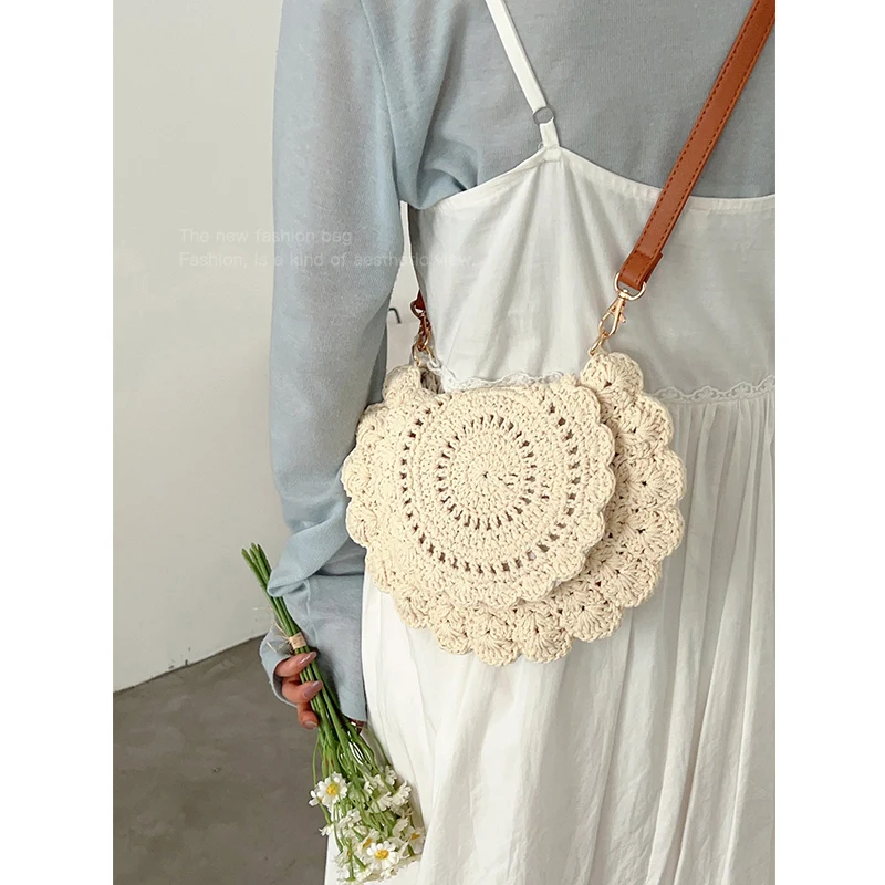 Knitted Sling Purse Women Crochet Beach Bag Adjustable Strap Shoulder Bag Ladies Braiding Satchel Bohemian Woven Handbag