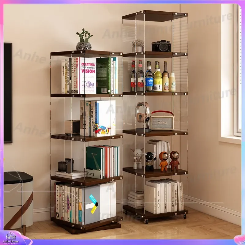 360 Rotating Bookshelf Acrylic Transparent Display Stand Multi Layer Storage Rack for Living Room Student Figure Organizer
