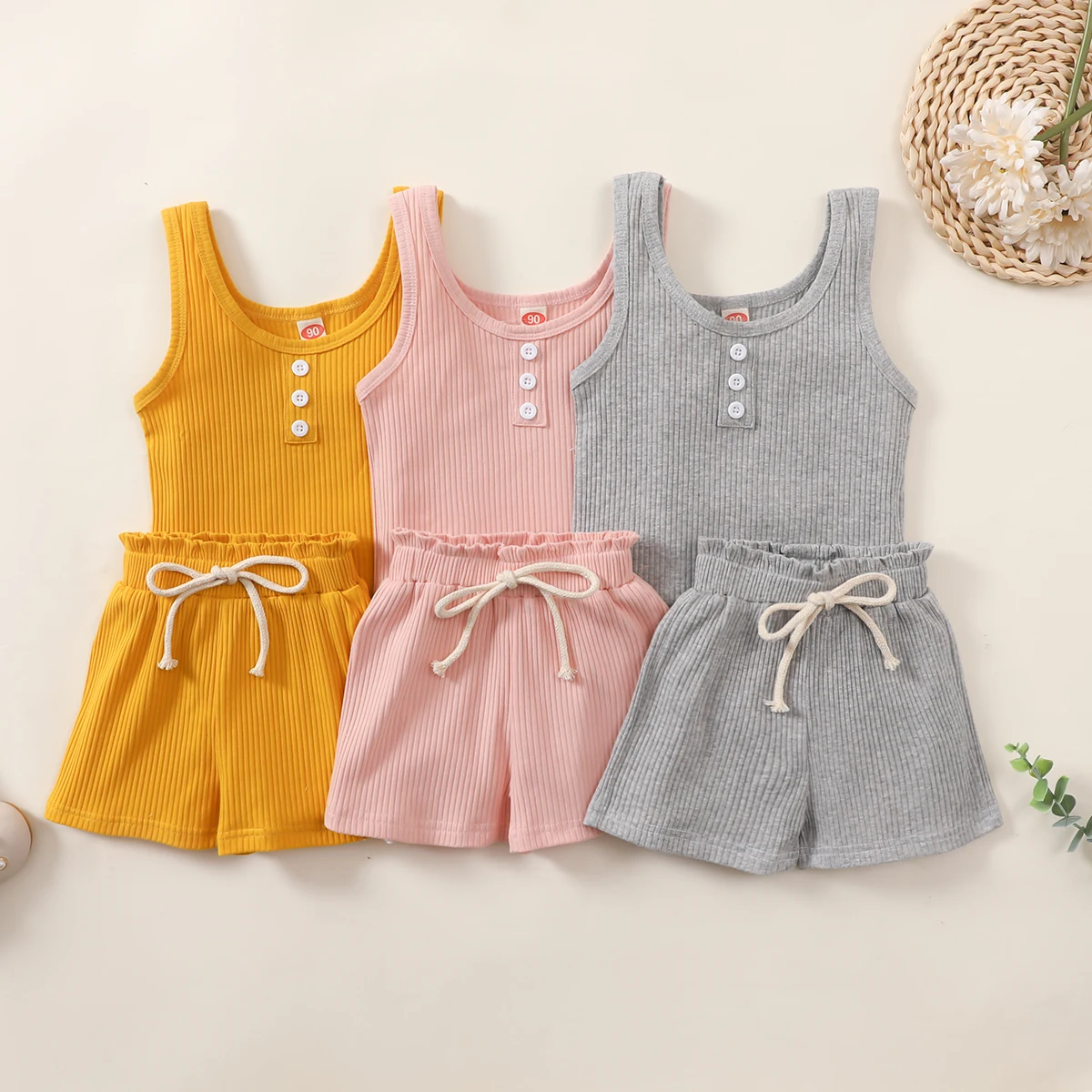 2Pcs Toddlers Summer Tracksuit Solid Color Ribbed O-Neck Vest + Elastic Waist Shorts for Little Girls18 Months to 6 Years