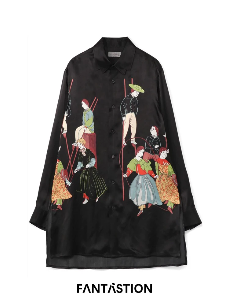 

FANTASTION Original Design Vintage character print design Tuxedo shirt Unisex Long sleeves chic casual Loose oversized shirts