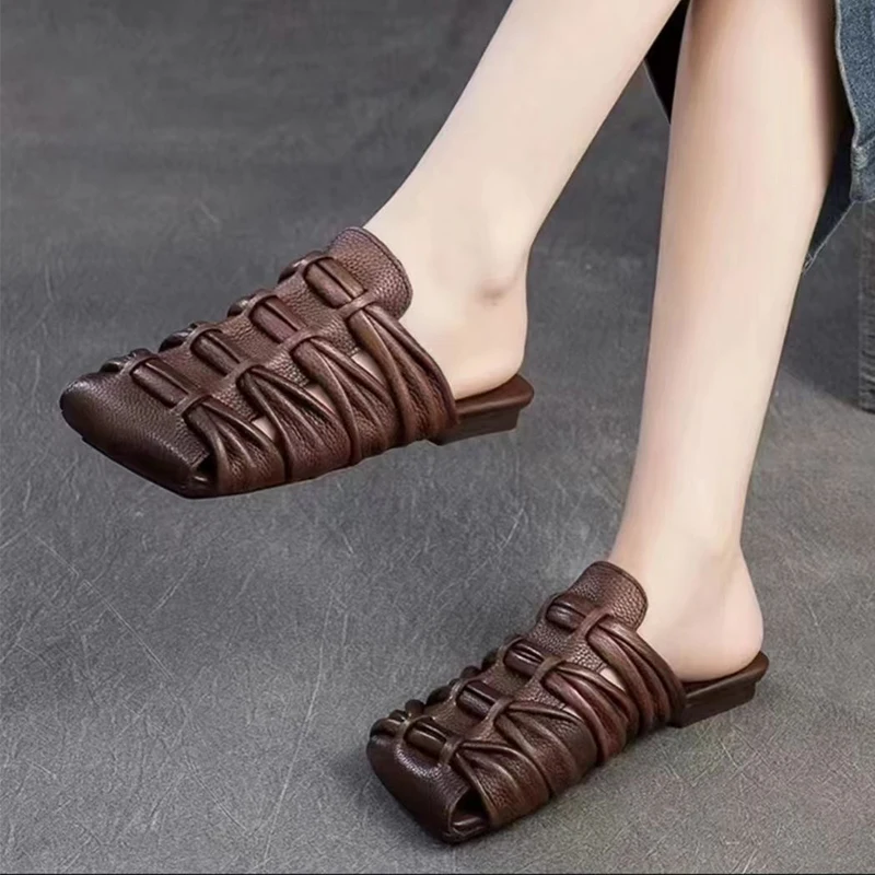 

Женские шлепанцы с квадратным носком, повседневные мюли, сандалии с ремешком на пятке, ретро-модные туфли, пляжные шлепанцы для прогулок, женская обувь