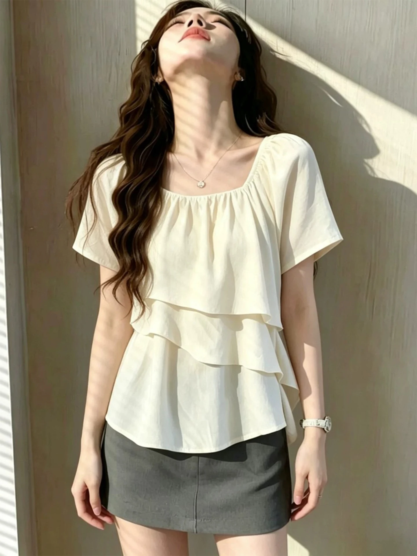 

Summer Luxury Large Size Women's Shirt Square Collar Short Sleeve Loose Fit Slimming Light Beige Blouse Floral Detail