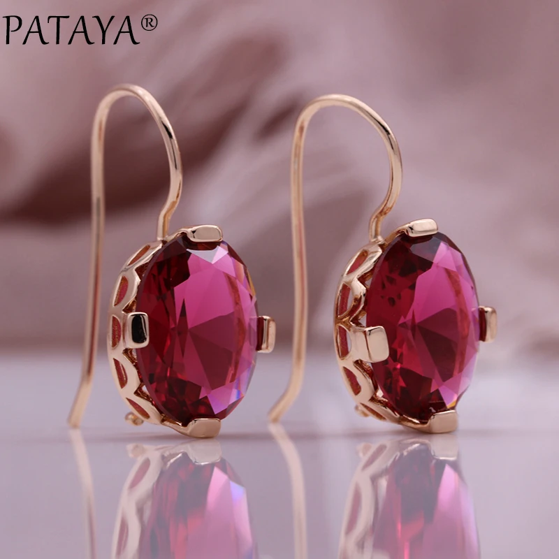 PATAYA New Red Round Drop Natural Zircon Women Sets 585 Rose Gold Color Dangle Earrings Wedding Party Fine Fashion Jewelry Set