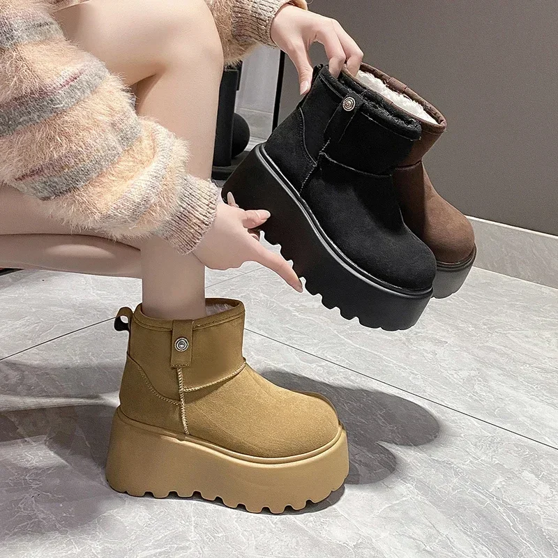 8CM New Winter Women Warm Snow Boots Heels High Top Sport 2025 Autumn Sneakers Platform Motorcycle Boots Women Botas Feminina